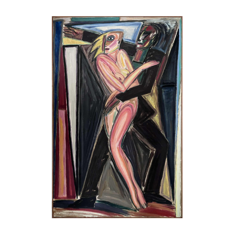 Yvan Theys “De Vrijheid Ontvoerd” (Biënnale van Tokio) expressionistisch schilderij, olieverf op doek, 1983