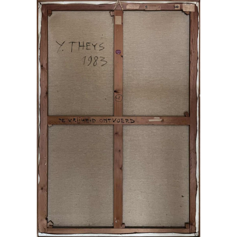 Yvan Theys « La Liberté Enlevée » (Biennale de Tokyo) tableau expressionniste, huile sur toile, 1983