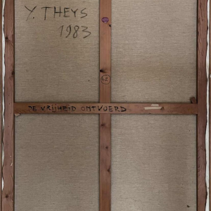Yvan Theys “De Vrijheid Ontvoerd” (Biënnale van Tokio) expressionistisch schilderij, olieverf op doek, 1983