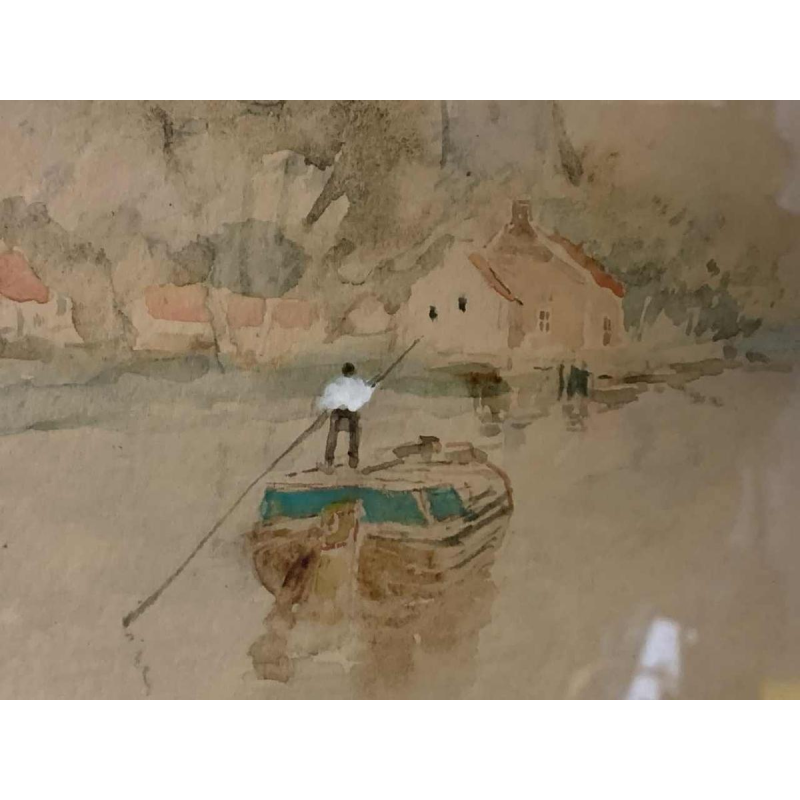 HENRI STACQUET " Paysage Hollandais " Tableau, Marine, Gouache, ca 1880