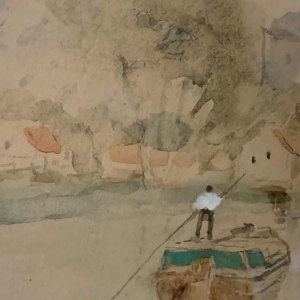 HENRI STACQUET " Holland Landschap " Schilderij, Marine, Gouache, ca 1880