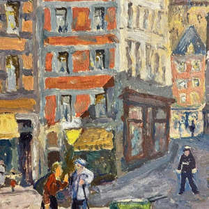 Albert DANDOY 'Rue de la Halle animée à Namur' peinture huile sur carton