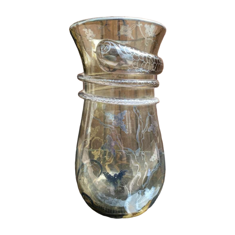 Vase en verre de murano (vénitien), application de serpent, décor peint argenté
