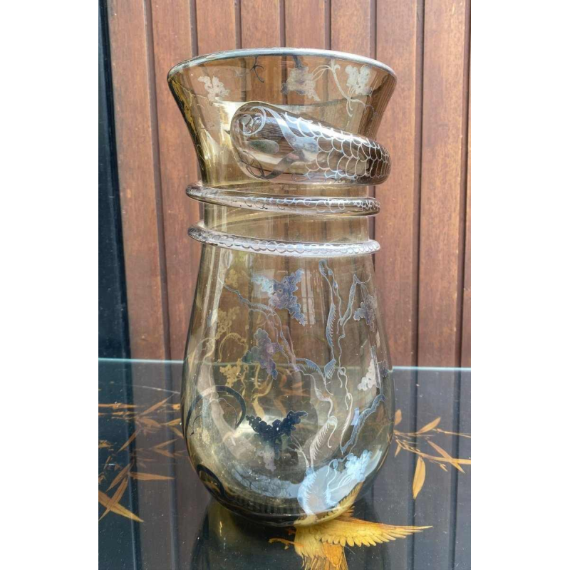Vase en verre de murano (vénitien), application de serpent, décor peint argenté