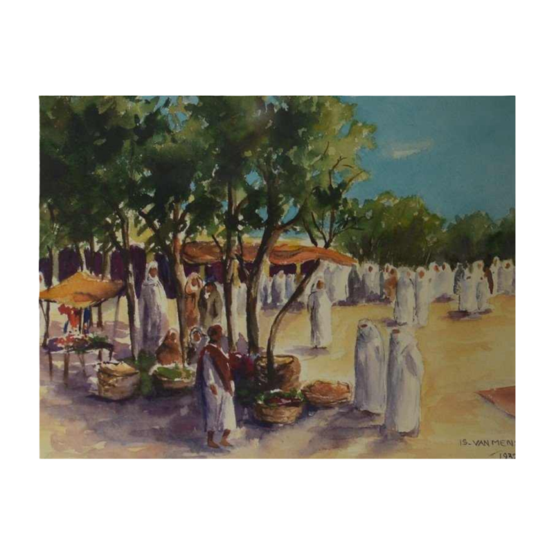 Isidore VAN MENS “Marché à Tunis“ aquarelle orientaliste sur papier, 1932