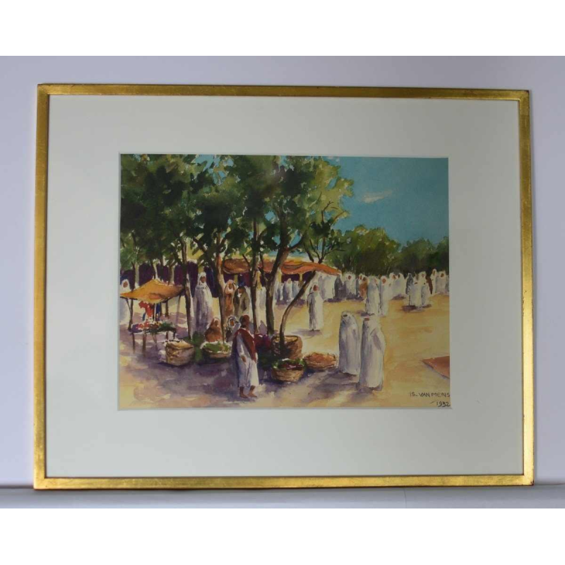 Isidore VAN MENS “Markt in Tunis” oriëntalistische aquarel op papier, 1932