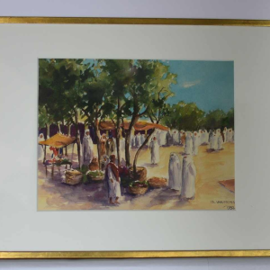 Isidore VAN MENS “Marché à Tunis“ aquarelle orientaliste sur papier, 1932