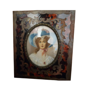 Miniature painting ‘Portrait of a lady with a hat’ Boulle style frame, 19th century