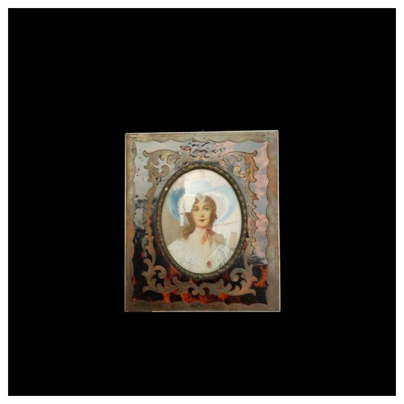 Tableau miniature “Portrait de dame au chapeau“ encadrement de style Boulle, XIXe s