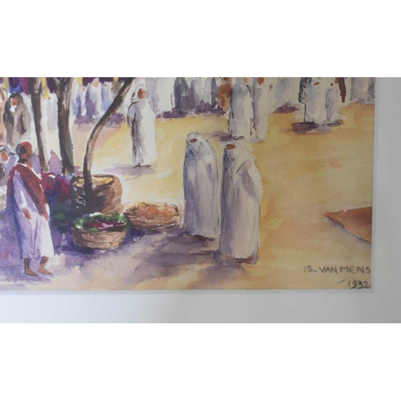 Isidore VAN MENS “Marché à Tunis“ aquarelle orientaliste sur papier, 1932