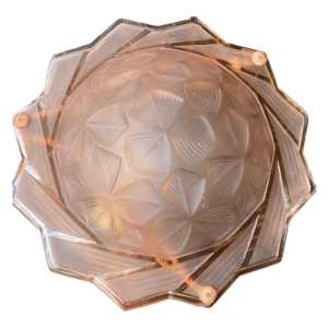 Art Deco ceiling light, pink pressed glass with stylised geometric floral motif, ca 1930