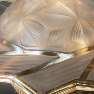 Art Deco ceiling light, pink pressed glass with stylised geometric floral motif, ca 1930