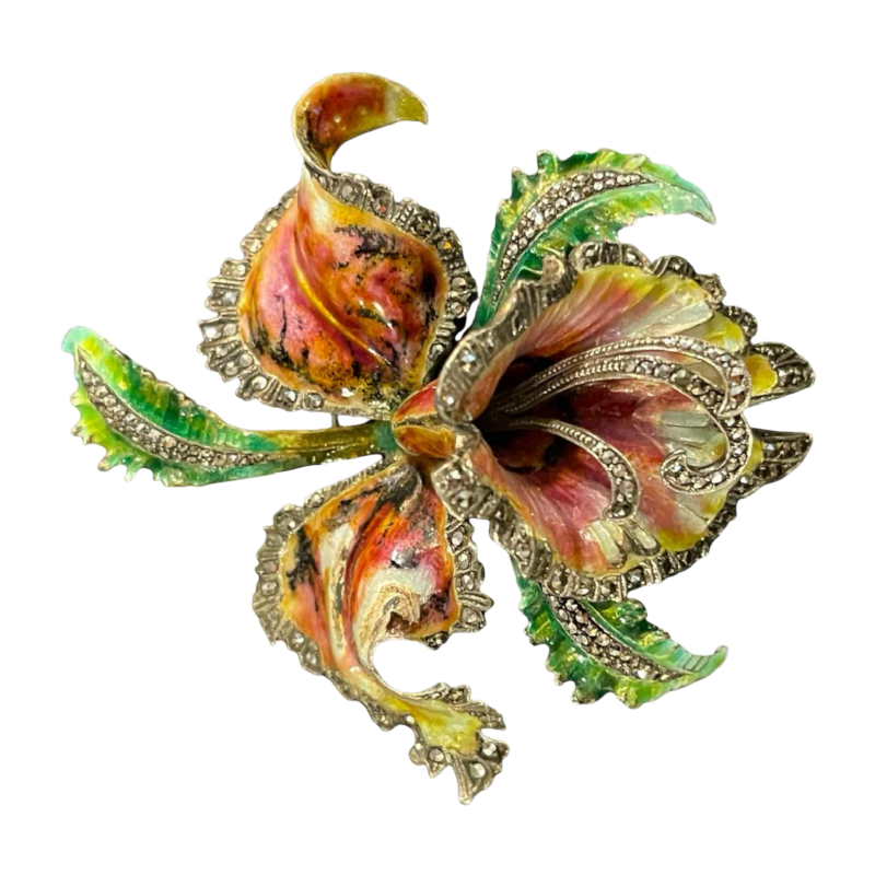 Broche ' Fleur Orchidée ou Iris ' en argent massif émaillé, milieu 20ème siècle