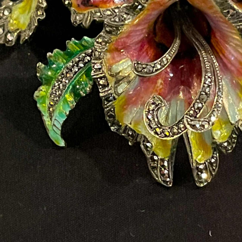 Solid silver enamelled Orchid or Iris flower brooch, mid 20th century