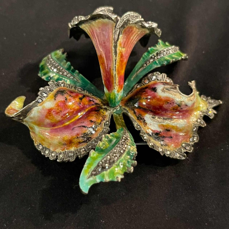 Solid silver enamelled Orchid or Iris flower brooch, mid 20th century