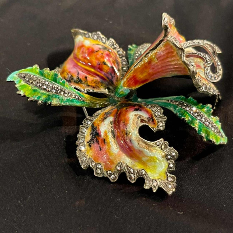 Solid silver enamelled Orchid or Iris flower brooch, mid 20th century