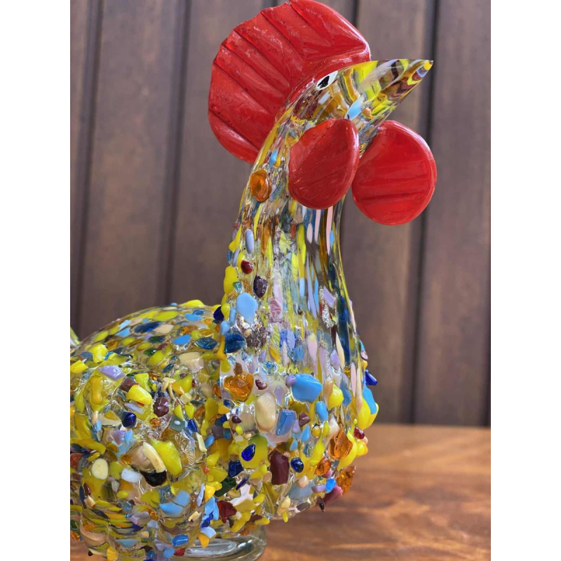Coq en verre soufflé de Murano, sculpture animalière.