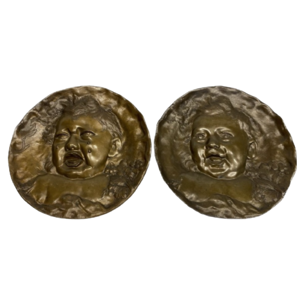 Gustave Doré "John die lacht, John die huilt" paar platen in bas-reliëf, bronzen sculptuur, 19e eeuw