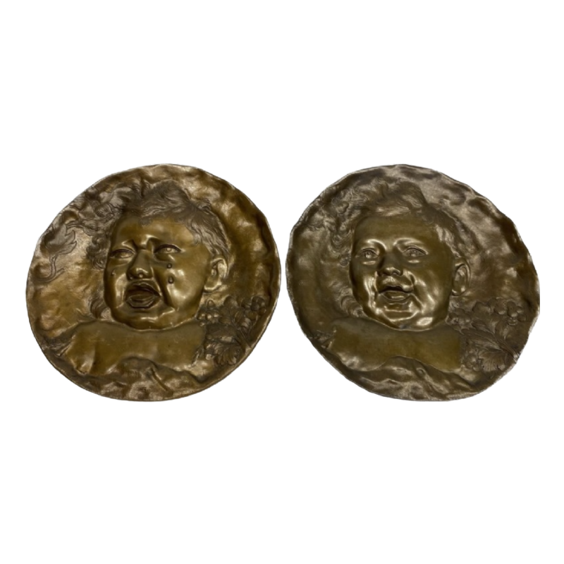 Gustave Doré "John who laughs, John who cries" pair of plates in bas-relief, bronze sculpture, 19th century