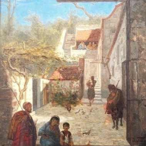 Julius Joseph Gaspard Starck, geanimeerd oriëntalistisch schilderij, 19e eeuw