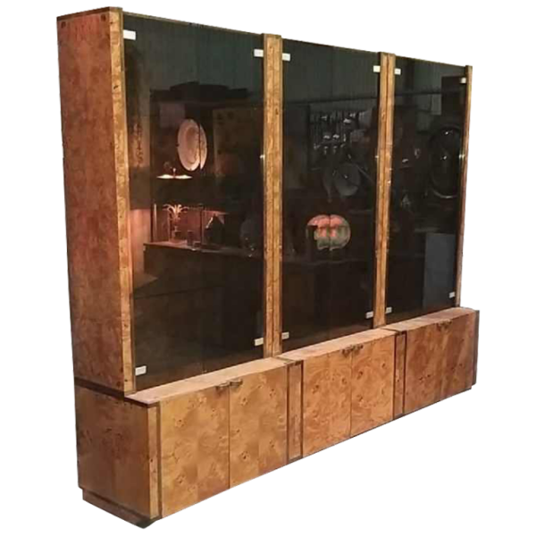 Jean-Claude Mahey 'Signature' pour Roche Bobois, 3 vitrines schappen bibliotheken, burl walnoot en wessing, 1970s