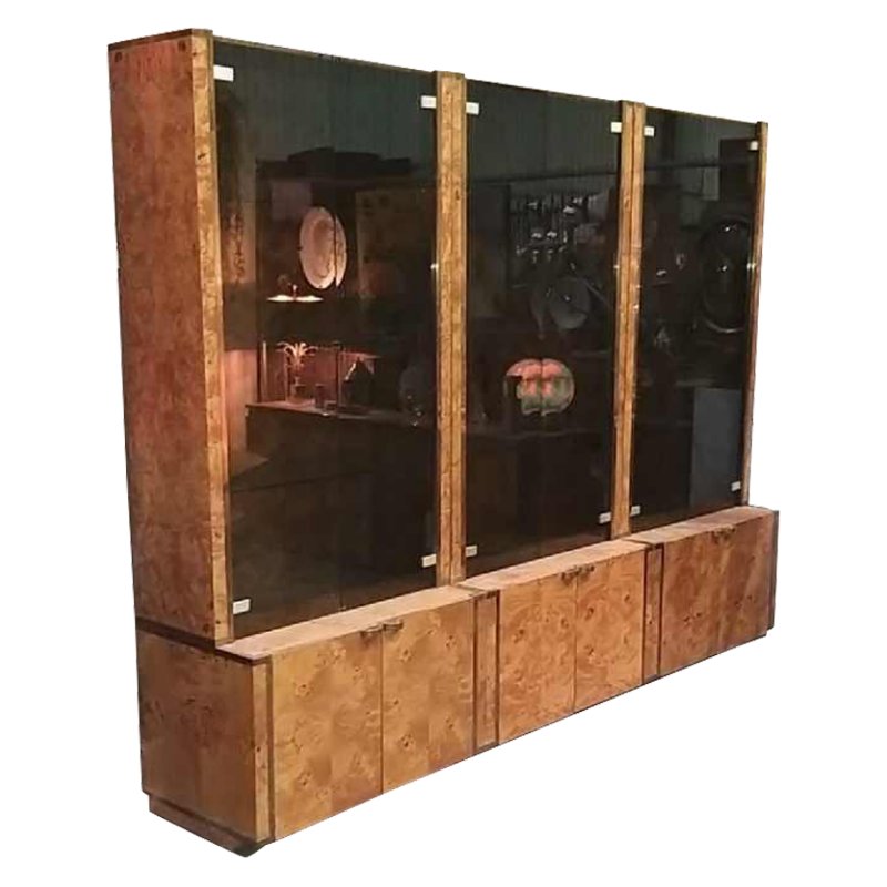 Jean-Claude Mahey 'Signature' pour Roche Bobois, 3 vitrines bibliothèques étagères, loupe noyer et laiton, 1970s