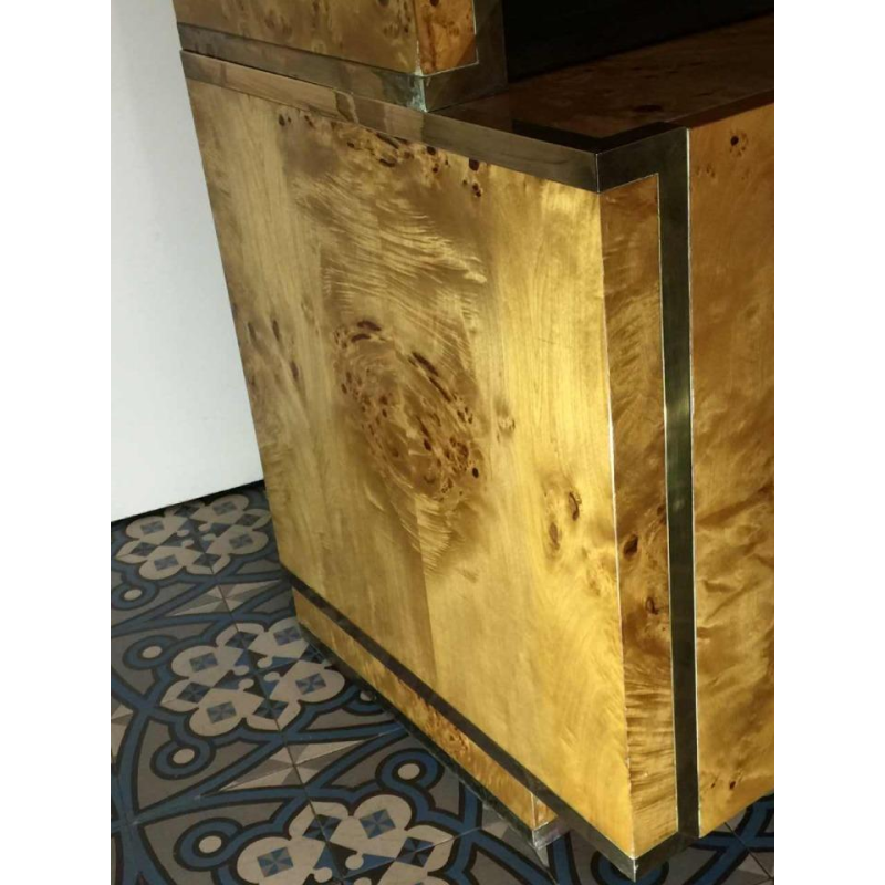 Jean-Claude Mahey 'Signature' for Roche Bobois, 3 showcases shelves bookcases, burl walnut and brass, 1970s