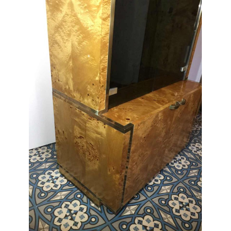 Jean-Claude Mahey 'Signature' for Roche Bobois, 3 showcases shelves bookcases, burl walnut and brass, 1970s