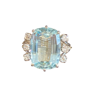 White gold cocktail ring, oval-cut aquamarine & diamonds, ca 1960