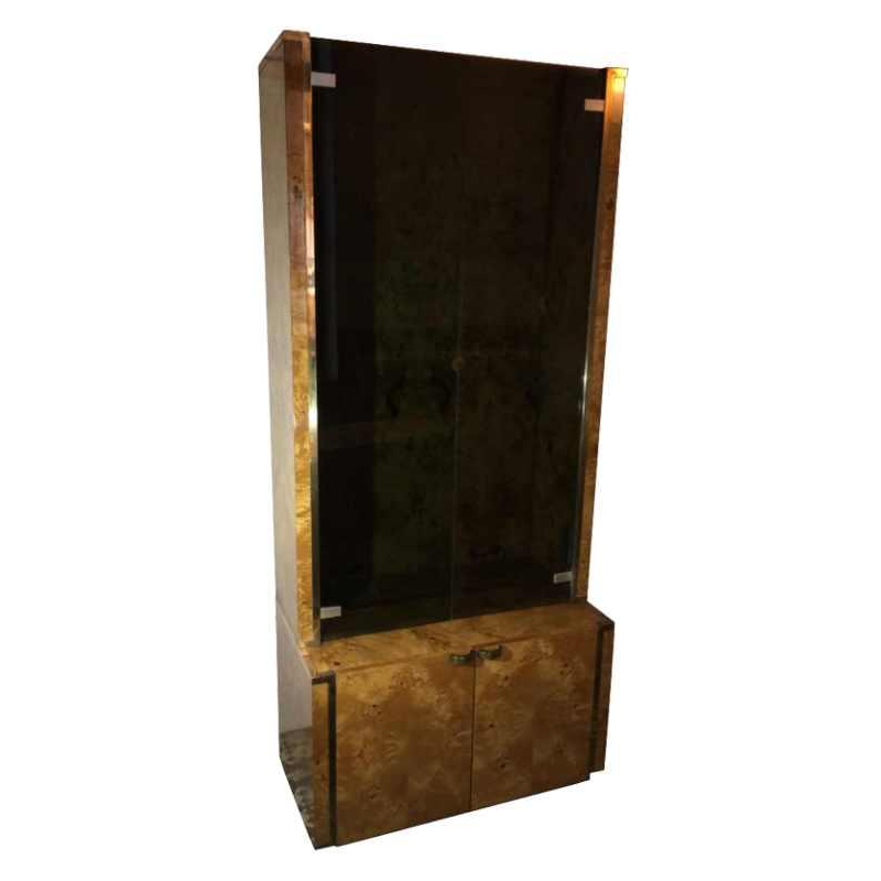 Jean-Claude Mahey 'Signature' for Roche Bobois, 3 showcases shelves bookcases, burl walnut and brass, 1970s