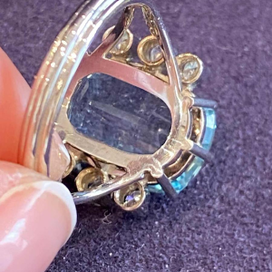 White gold cocktail ring, oval-cut aquamarine & diamonds, ca 1960