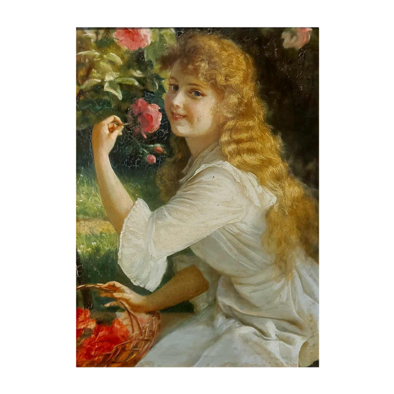 Joseph Kostka “Jeune fille à la rose“ tableau portrait, huile sur carton, début XXe s