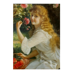 Joseph Kostka “Jeune fille à la rose” portretschilderij, olieverf op karton, begin 20ste eeuw