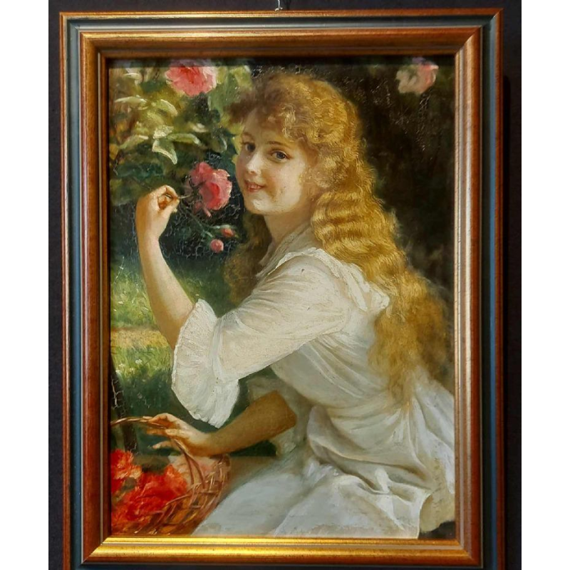 Joseph Kostka ‘Jeune fille à la rose’ portrait painting, oil on cardboard, early 20th c