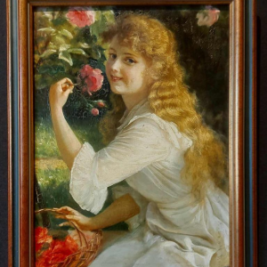 Joseph Kostka ‘Jeune fille à la rose’ portrait painting, oil on cardboard, early 20th c
