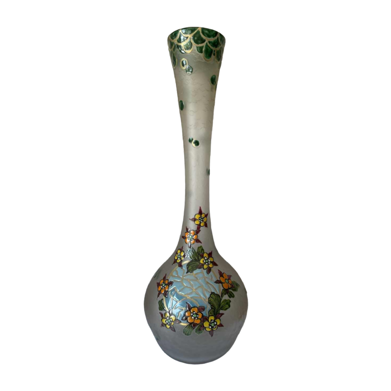 LEGRAS grote Art Deco glazen vaas met gegraveerde en geëmailleerde decoratie