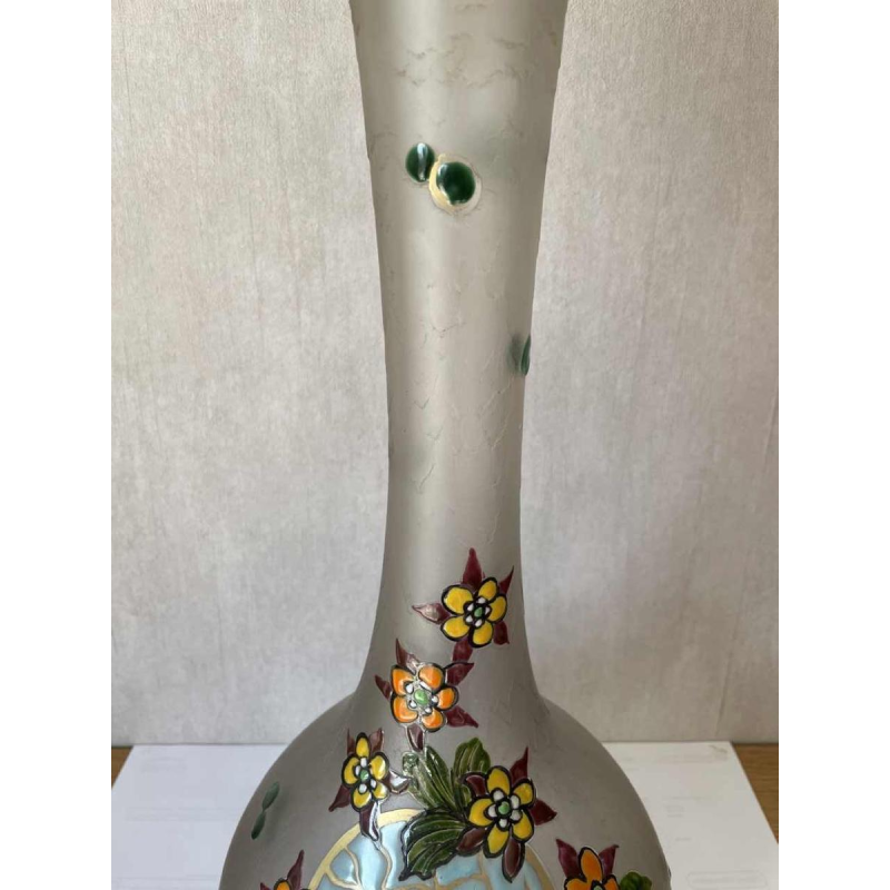 LEGRAS large Art Deco glass vase with engraved and enameled decoration