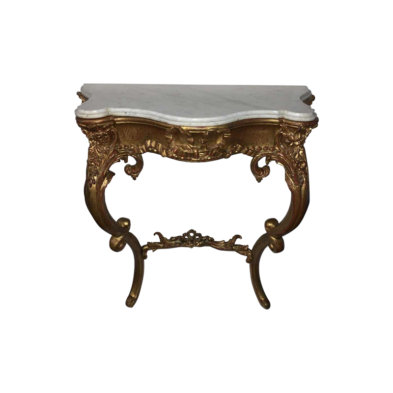 Console Napoléon III en bois sculpté doré, tablette en marbre de carrare, 1930s