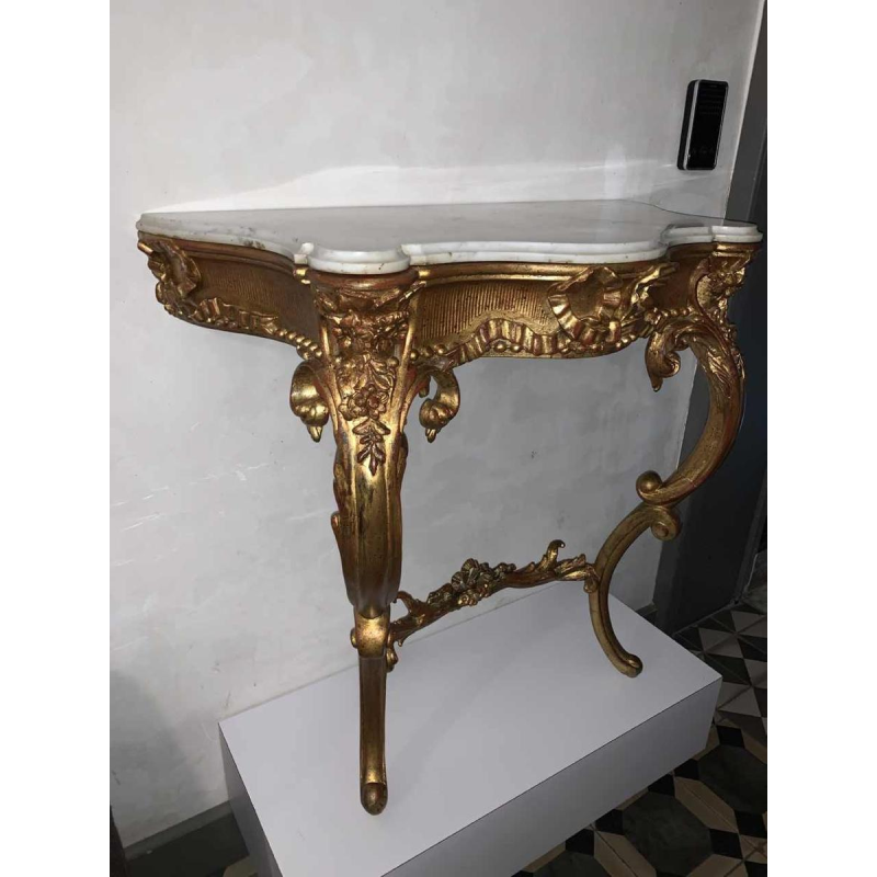 Napoleon III console in carved gilded wood, Carrara marble tablet, 1930s