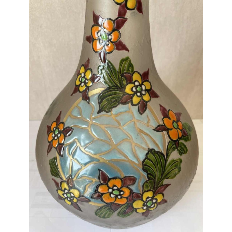 LEGRAS grote Art Deco glazen vaas met gegraveerde en geëmailleerde decoratie