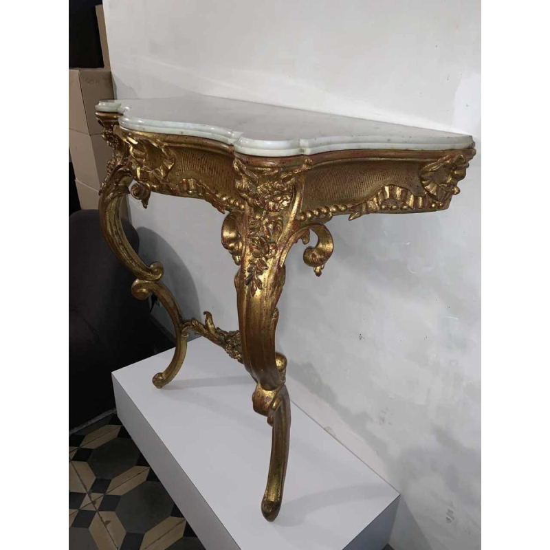 Console Napoléon III en bois sculpté doré, tablette en marbre de carrare, 1930s