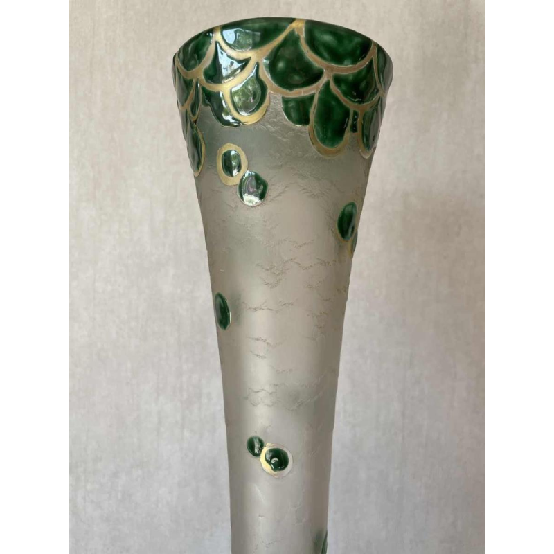 LEGRAS grote Art Deco glazen vaas met gegraveerde en geëmailleerde decoratie