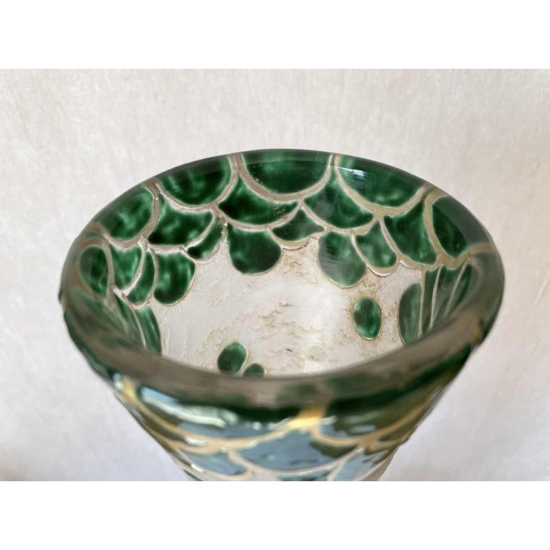 LEGRAS grand vase art déco en verre à décor gravé et émaillé