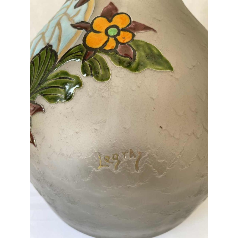 LEGRAS large Art Deco glass vase with engraved and enameled decoration
