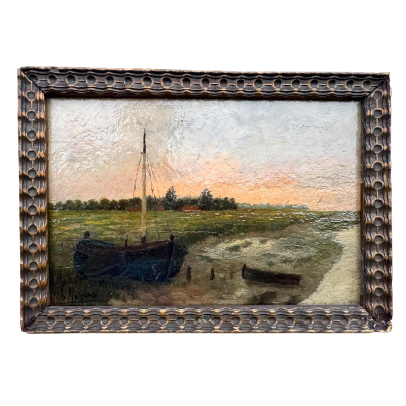 Isidore MEYERS « Paysage au coucher du soleil » peinture huile sur bois