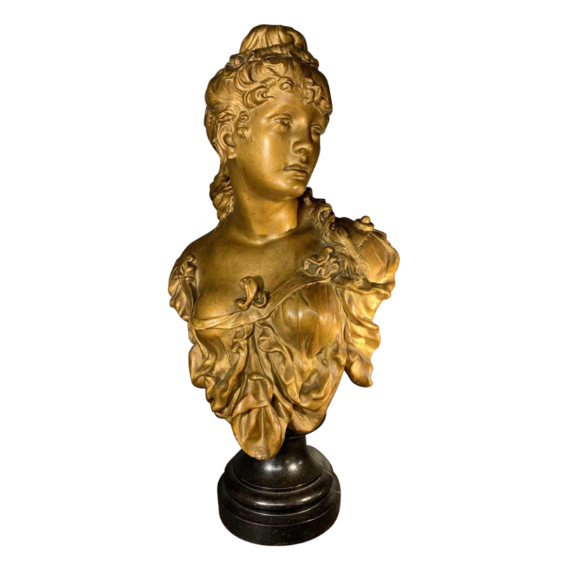 " La Blonde ", Grand Buste de Femme dorÃ©, Terre Cuite NapolÃ©on III, 19Ã¨me siÃ¨cle