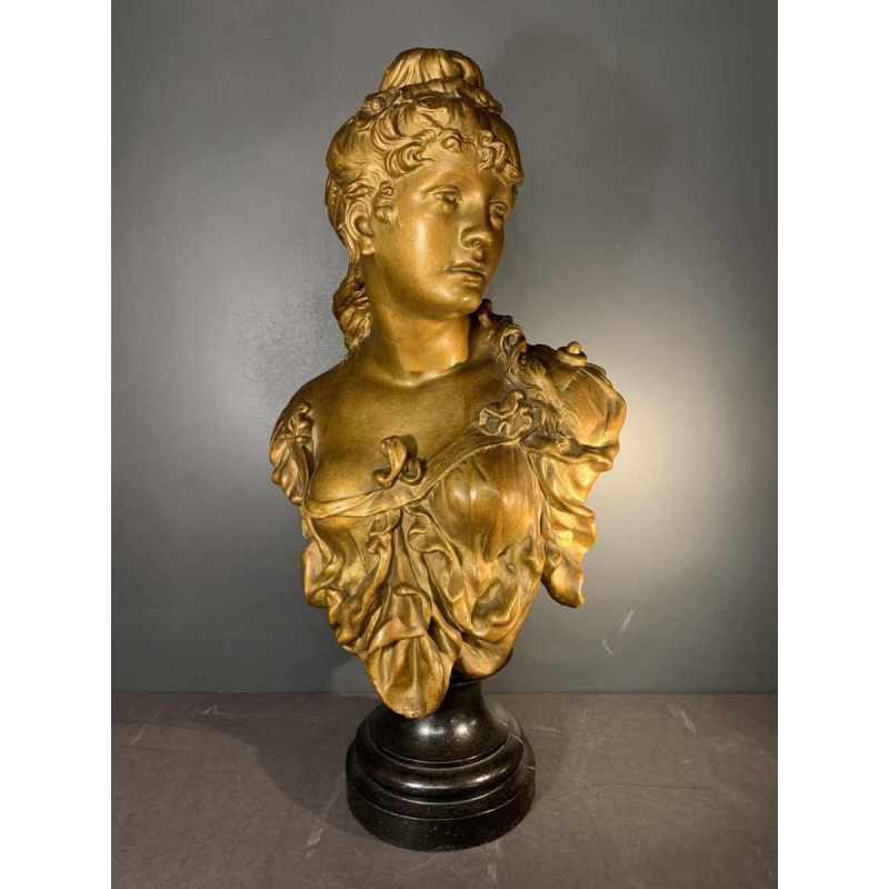 " La Blonde ", Grand Buste de Femme dorÃ©, Terre Cuite NapolÃ©on III, 19Ã¨me siÃ¨cle