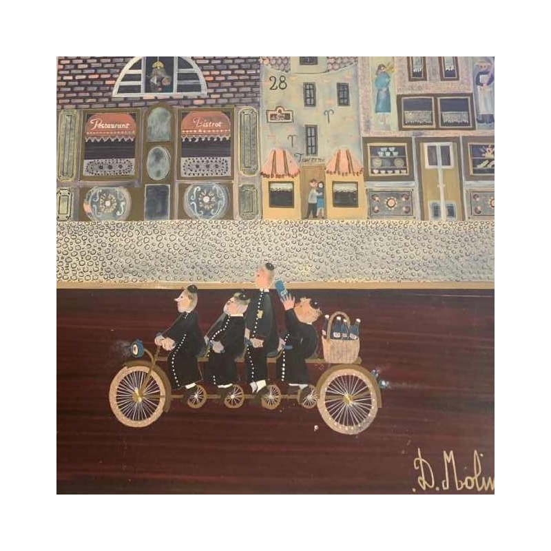 Danielle Molina (née en 1939) "les moines en courses" hsp (72x48 cm)