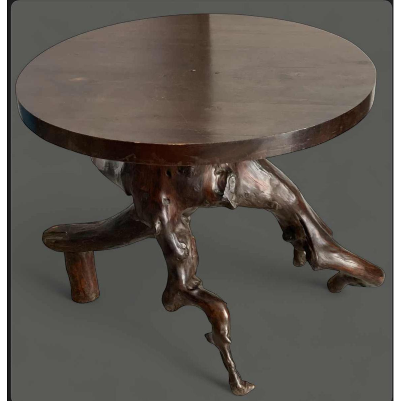 Table guéridon en racine naturelle, design organique, XXe s