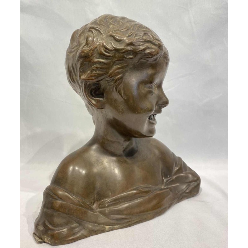Laughing boy sculpture, bronze-look terracotta, after Desiderio Da Settignano